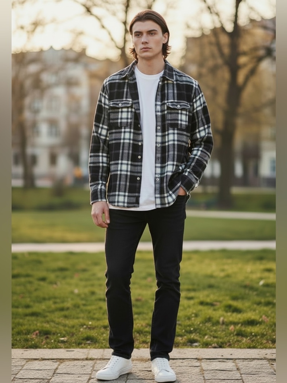American Eagle Grey Blue and White Plaid 100% Cotton Athletic Fit Flannel Shirt